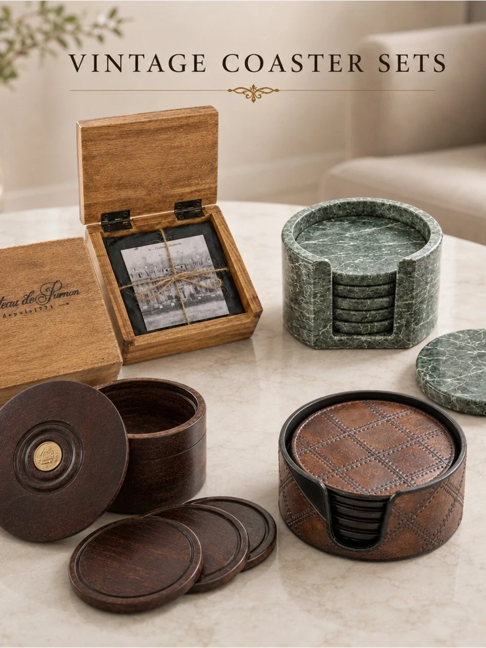 Vintage Brown Leather & Wood , leather Coaster Set